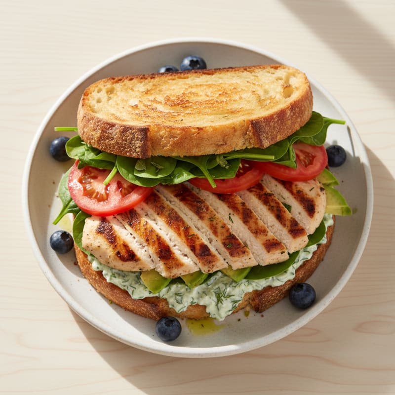 Grilled Chicken Sourdough Sandwich with Fresh Spinach and Tomato
