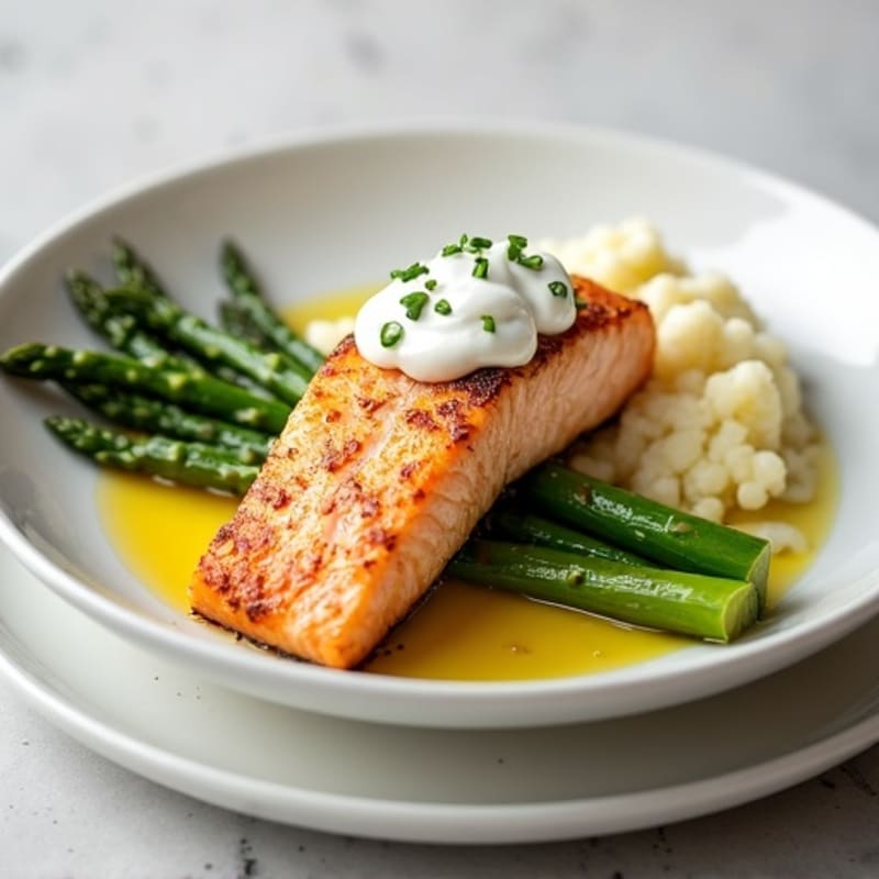 Seared Salmon with Steamed Asparagus and Cauliflower Mash