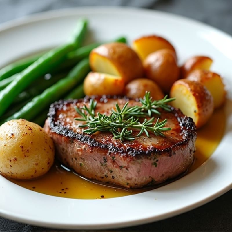 Garlic Herb Pan-Seared Steak with Crispy Roasted Potatoes and Tender Green Beans