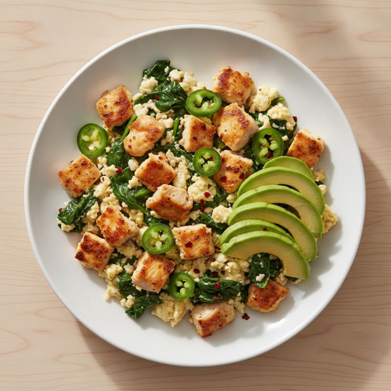 Spicy Chicken and Egg White Scramble with Sautéed Spinach