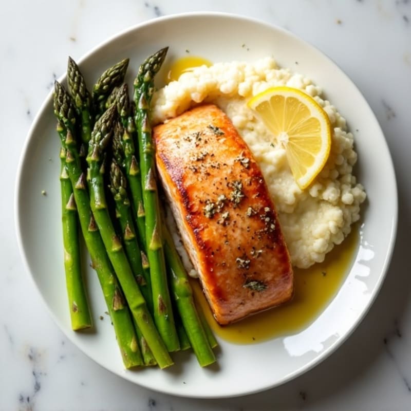 Seared Salmon with Roasted Asparagus and Garlic Mashed Cauliflower