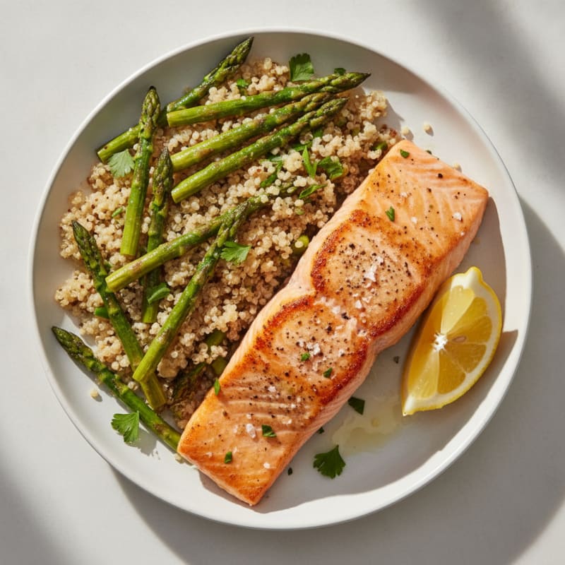 Seared Salmon with Roasted Asparagus and Quinoa
