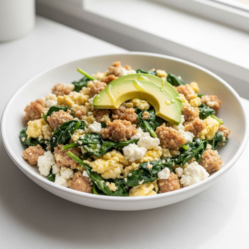 Egg White and Turkey Sausage Scramble with Cottage Cheese and Spinach