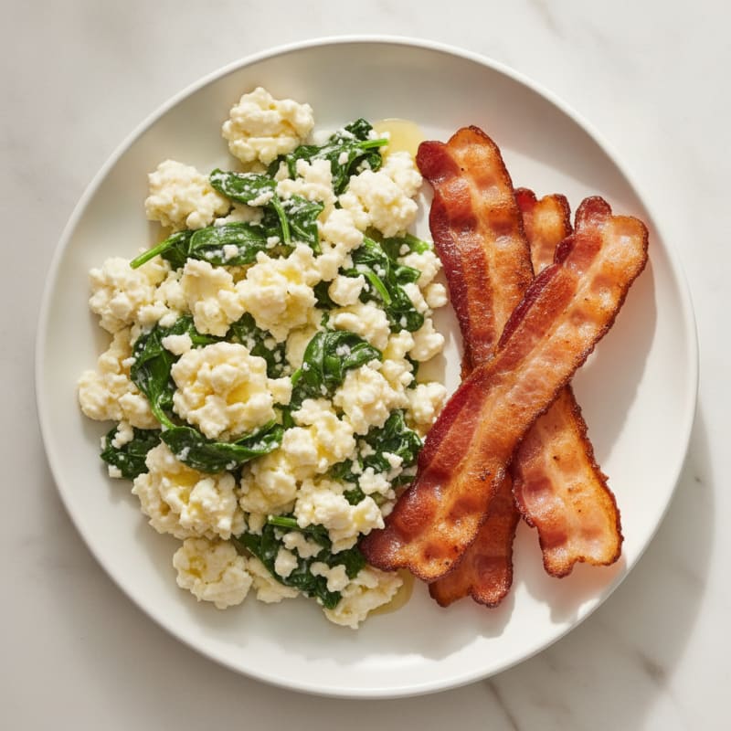 Cottage Cheese Scramble with Spinach and Seared Turkey Bacon
