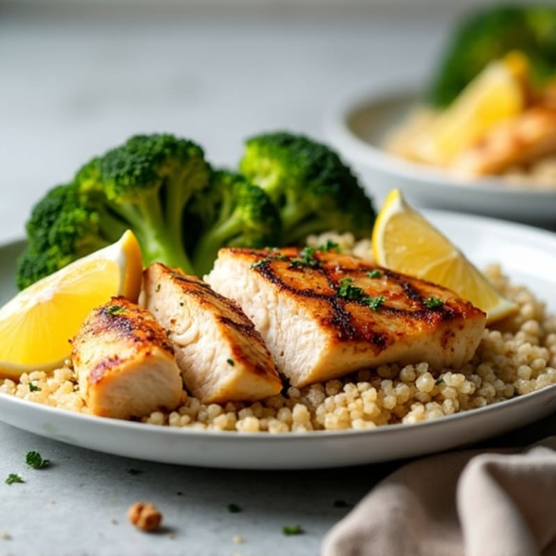 Grilled Lemon Garlic Chicken Breast with Quinoa and Roasted Broccoli