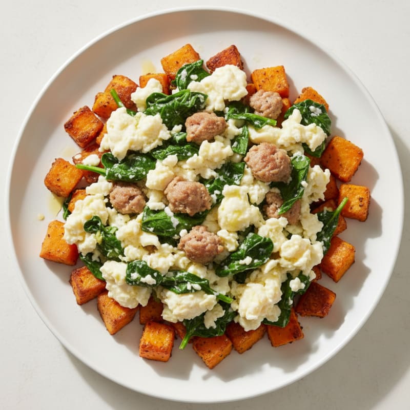 Egg White and Turkey Sausage Scramble with Spinach and Roasted Sweet Potato