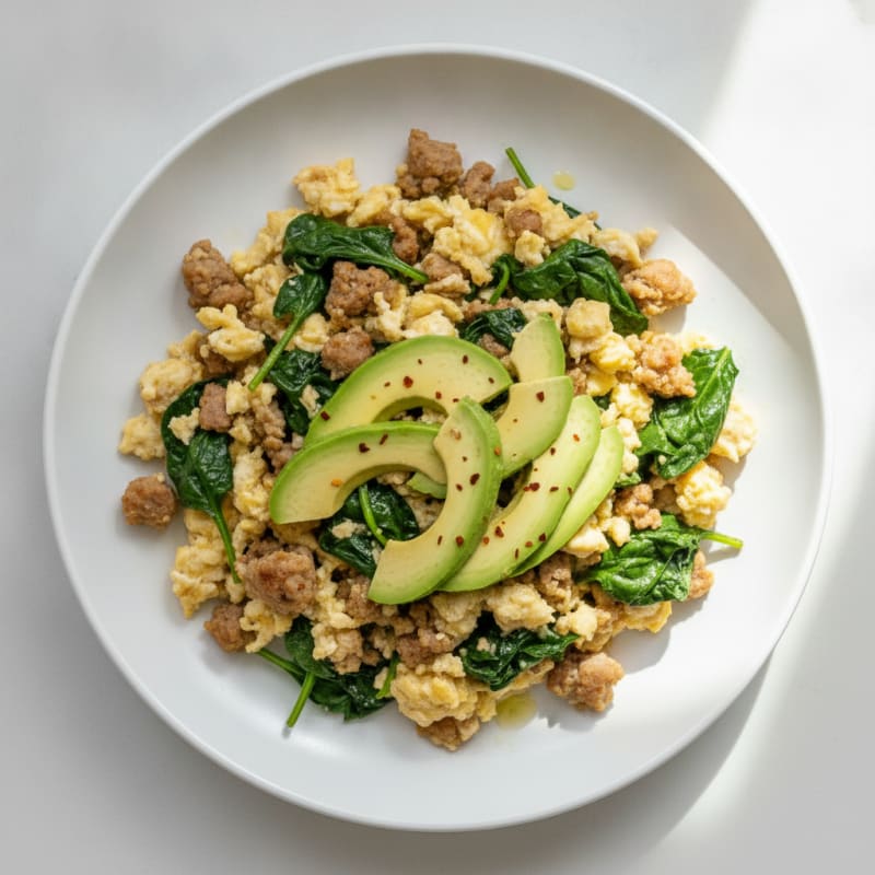 Egg White and Turkey Sausage Scramble with Sautéed Spinach