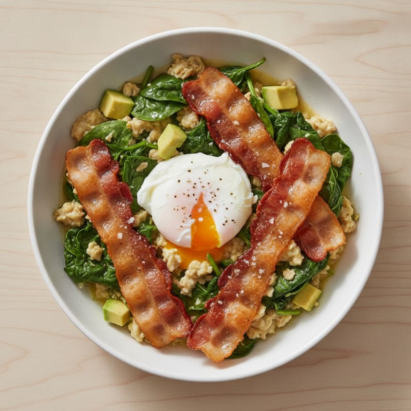 Egg and Spinach Oatmeal Bowl with Turkey Bacon