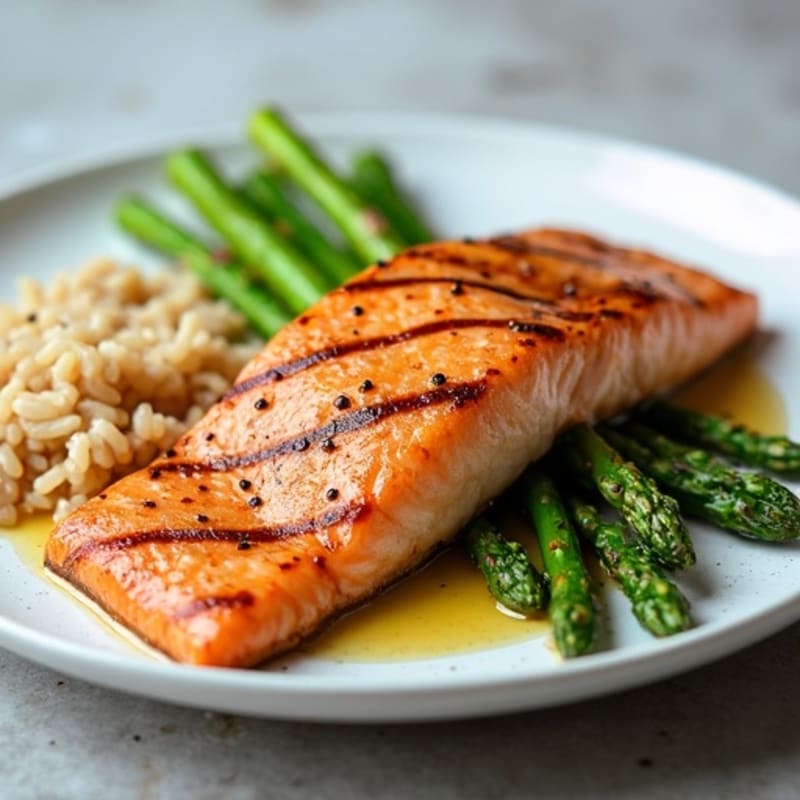Seared Salmon with Steamed Asparagus and Brown Rice