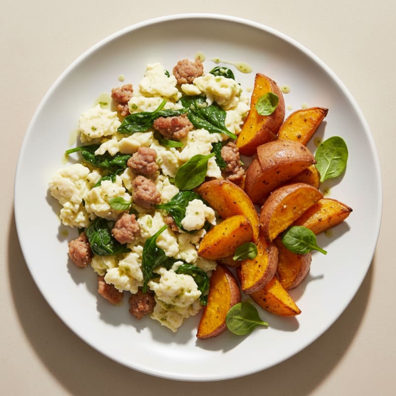 Egg White and Turkey Sausage Scramble with Spinach and Roasted Sweet Potatoes