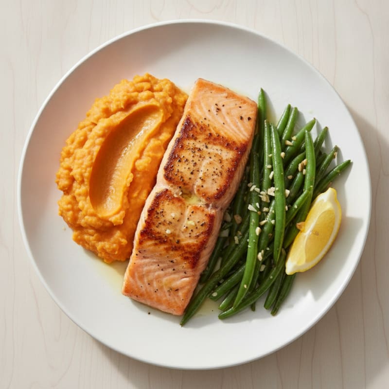 Seared Salmon with Garlic Green Beans and Sweet Potato Mash