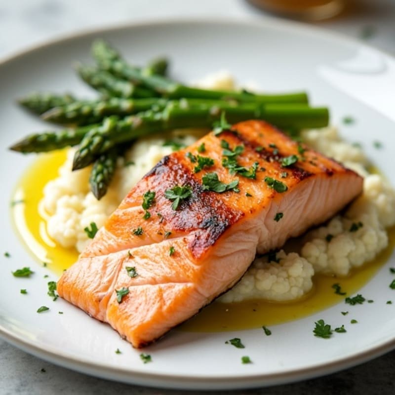 Seared Salmon with Steamed Asparagus and Cauliflower Mash