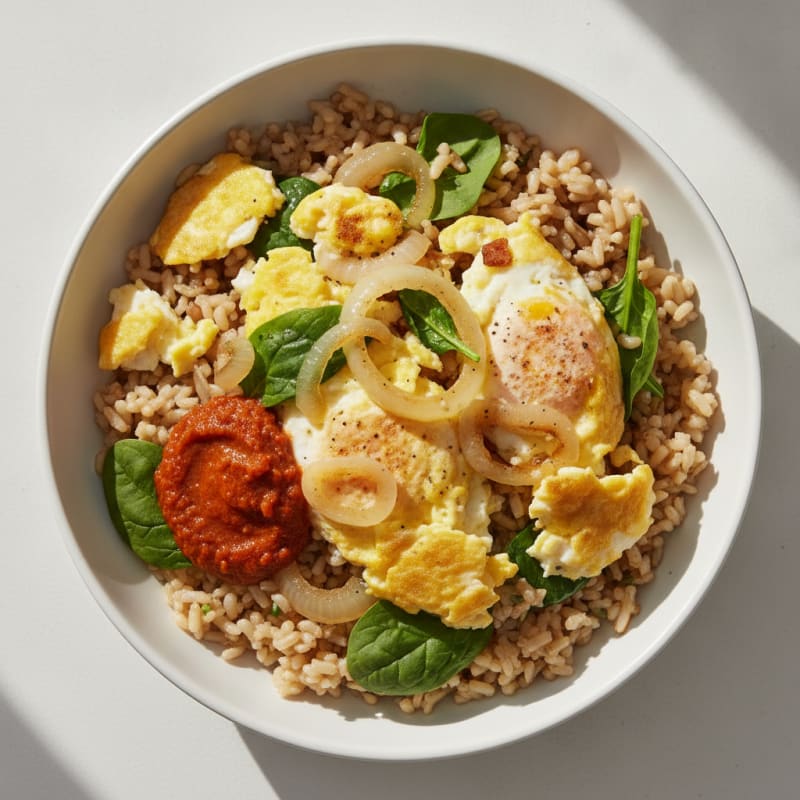 Egg and Brown Rice Bowl with Spicy Sambal and Roasted Onion