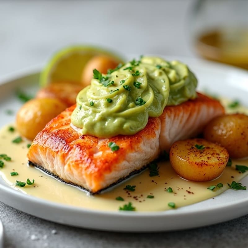 Roasted Salmon with Crispy Potatoes and Creamy Avocado