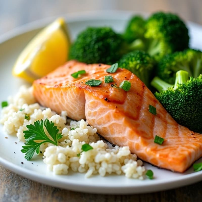 Seared Salmon with Steamed Broccoli and Herb Rice