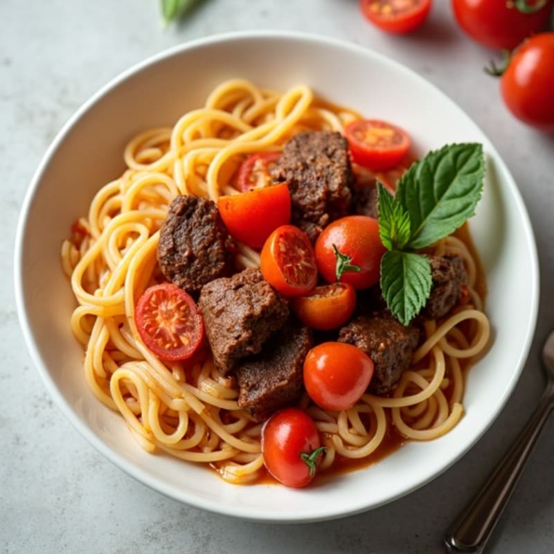 Beef Stew with Spaghetti and Roasted Peppers