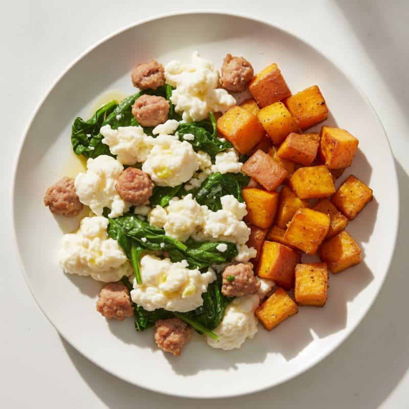 Egg White and Turkey Sausage Scramble with Spinach and Roasted Sweet Potatoes
