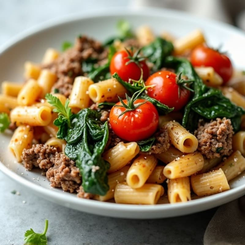 Lean Beef and Spinach Pasta with Roasted Cherry Tomatoes