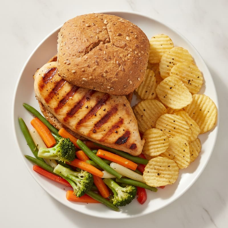 Grilled Chicken Sandwich with Mixed Veggies and Baked Potato Chips