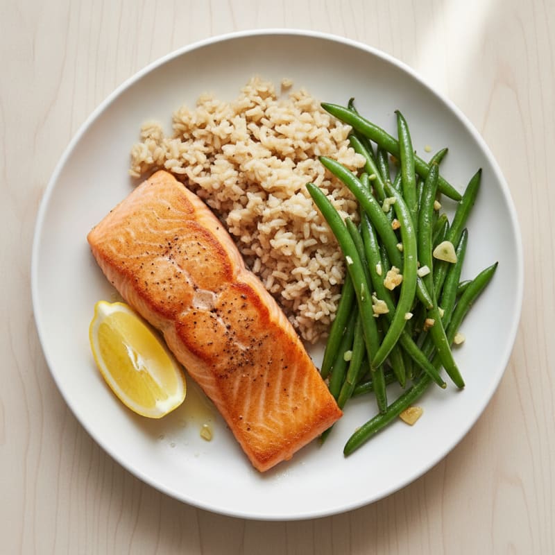 Seared Salmon with Garlic Green Beans and Brown Rice