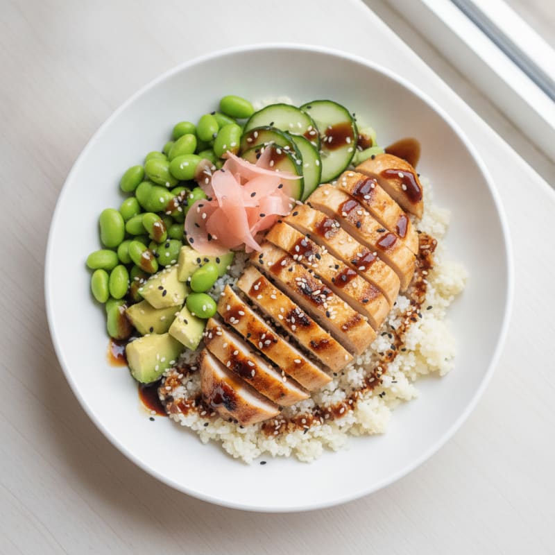 Grilled Chicken Sushi Bowl with Edamame and Pickled Ginger