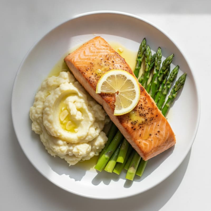 Seared Salmon with Steamed Asparagus and Garlic Mashed Cauliflower
