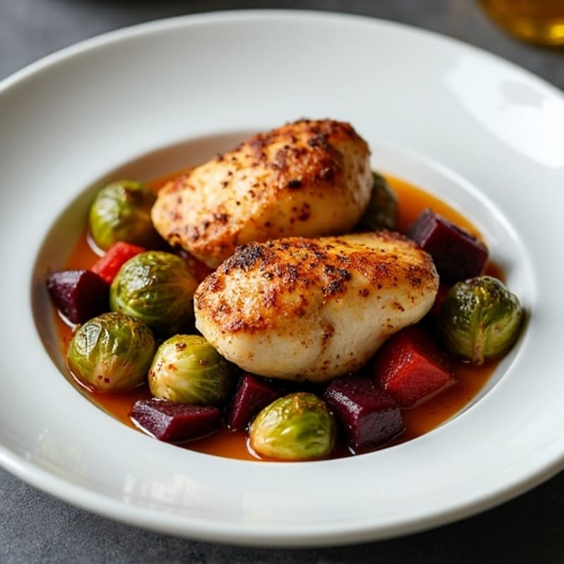 Roasted Chicken Thighs with Tender Beets and Crispy Brussels Sprouts