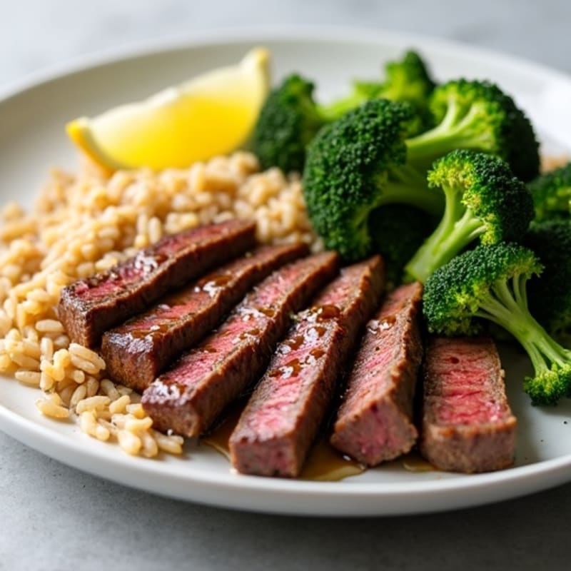 Seared Lean Beef Strips with Brown Rice and Roasted Broccoli
