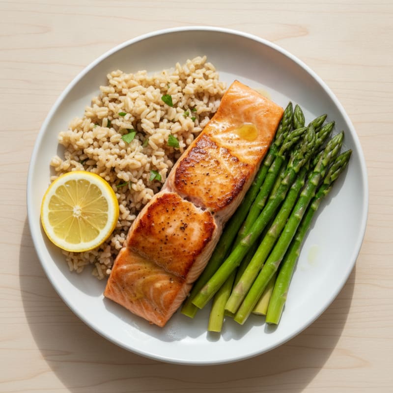 Seared Salmon with Steamed Asparagus and Brown Rice