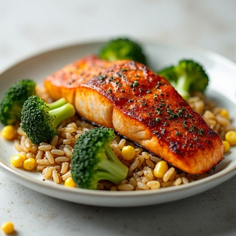 Crispy Pan-Seared Salmon with Roasted Broccoli, Fluffy Brown Rice, and Sweet Corn