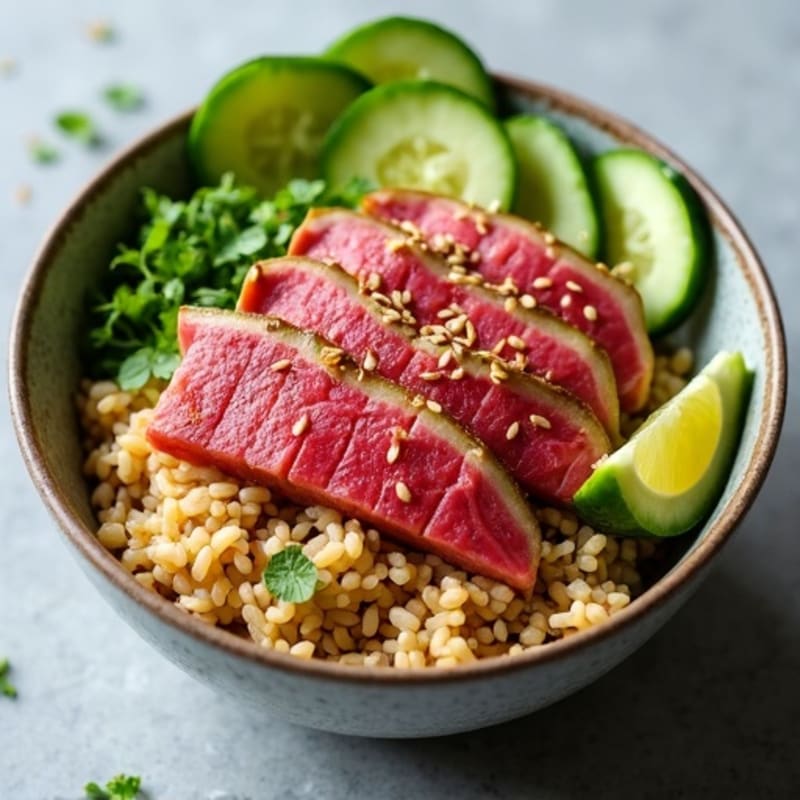 Seared Ahi Tuna Rice Bowl with Fresh Cucumber and Creamy Avocado