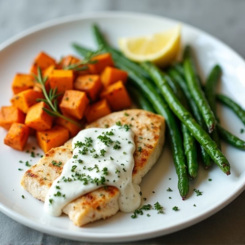 Creamy Lemon Herb Chicken with Roasted Sweet Potatoes and Crispy Green Beans