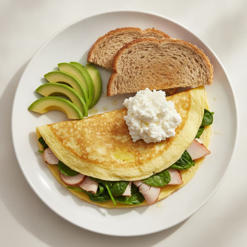 Egg White Spinach Omelet with Cottage Cheese and Sliced Turkey