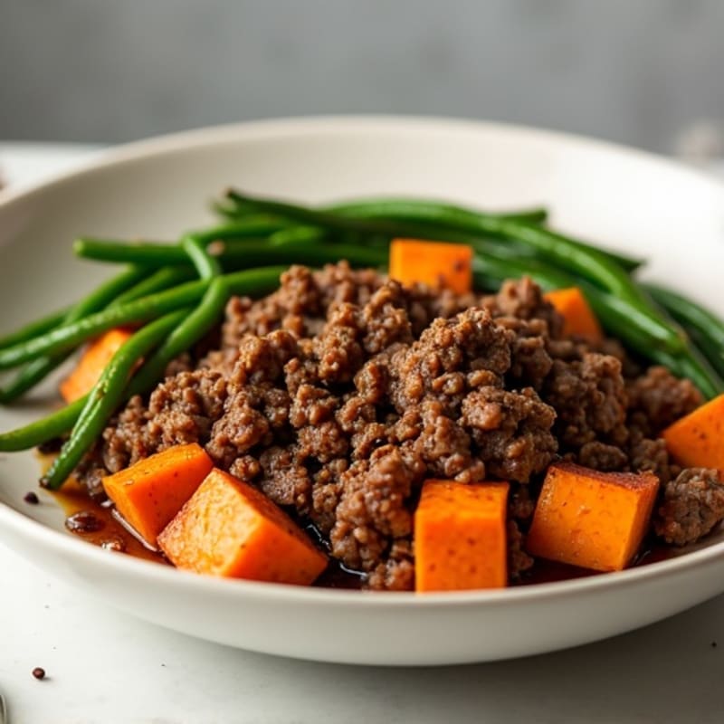 Savory Ground Beef with Roasted Sweet Potatoes and Crispy Green Beans