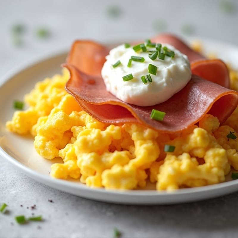 Fluffy Scrambled Eggs with Turkey Ham and Cottage Cheese