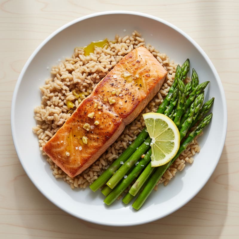 Seared Salmon Fillet with Steamed Asparagus and Brown Rice