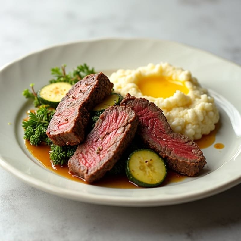 Seared Lean Beef Strips with Roasted Zucchini and Cauliflower Mash
