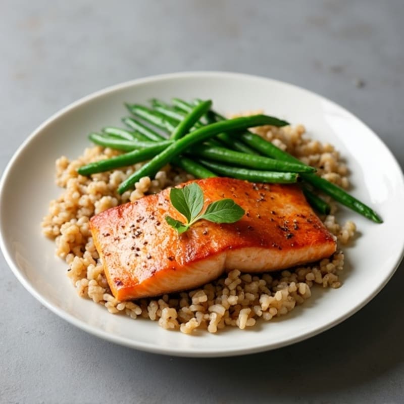 Seared Salmon with Garlic Green Beans and Brown Rice