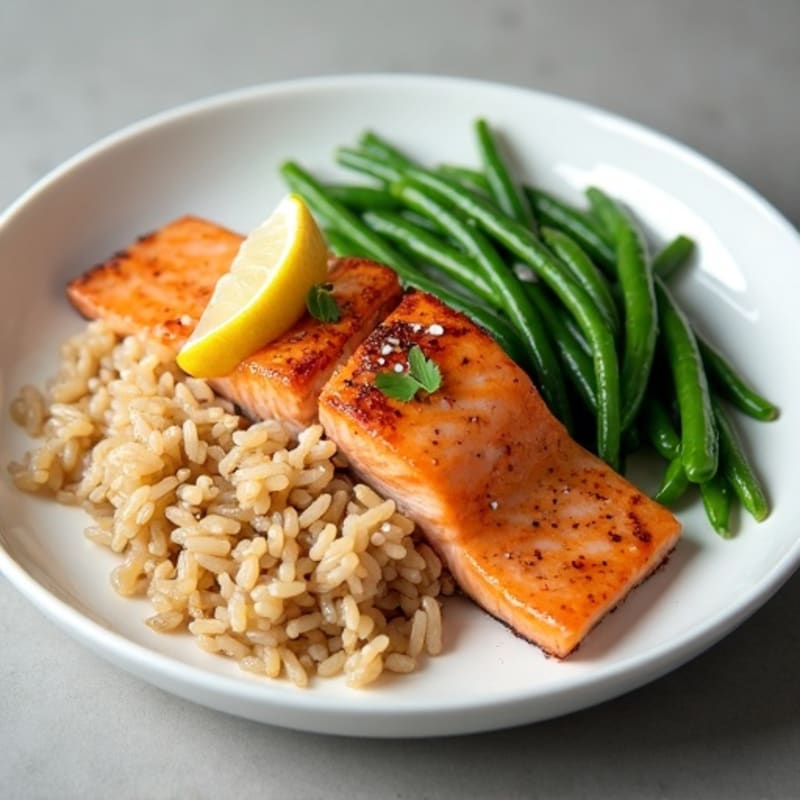 Seared Salmon with Steamed Green Beans and Brown Rice