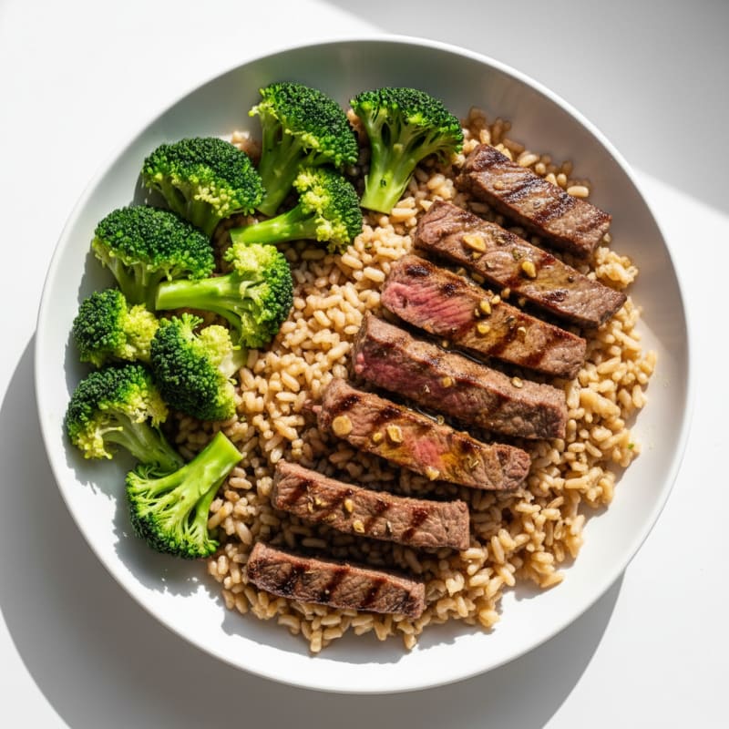 Grilled Beef Strips with Brown Rice and Steamed Broccoli