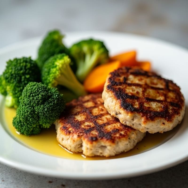 Seared Turkey Patties with Steamed Broccoli and Roasted Sweet Potato