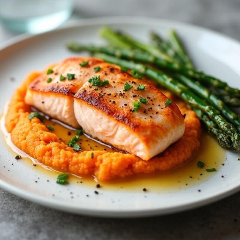 Seared Salmon with Roasted Asparagus and Sweet Potato Mash
