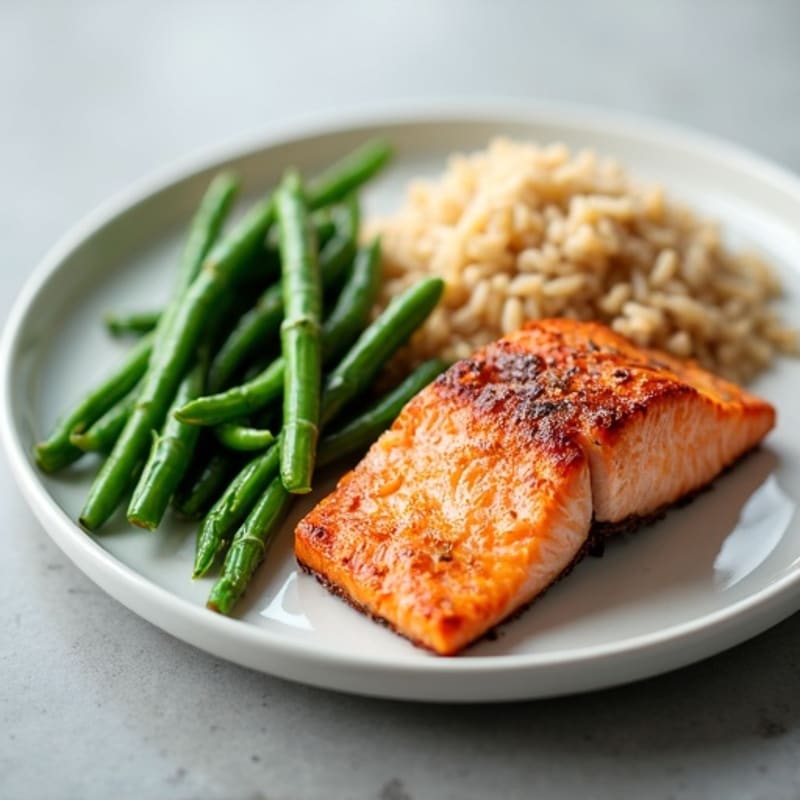Seared Salmon with Steamed Green Beans and Brown Rice