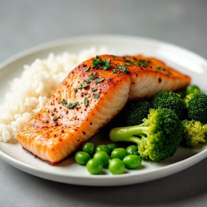 Seared Salmon with Steamed Rice and Roasted Broccoli and Peas