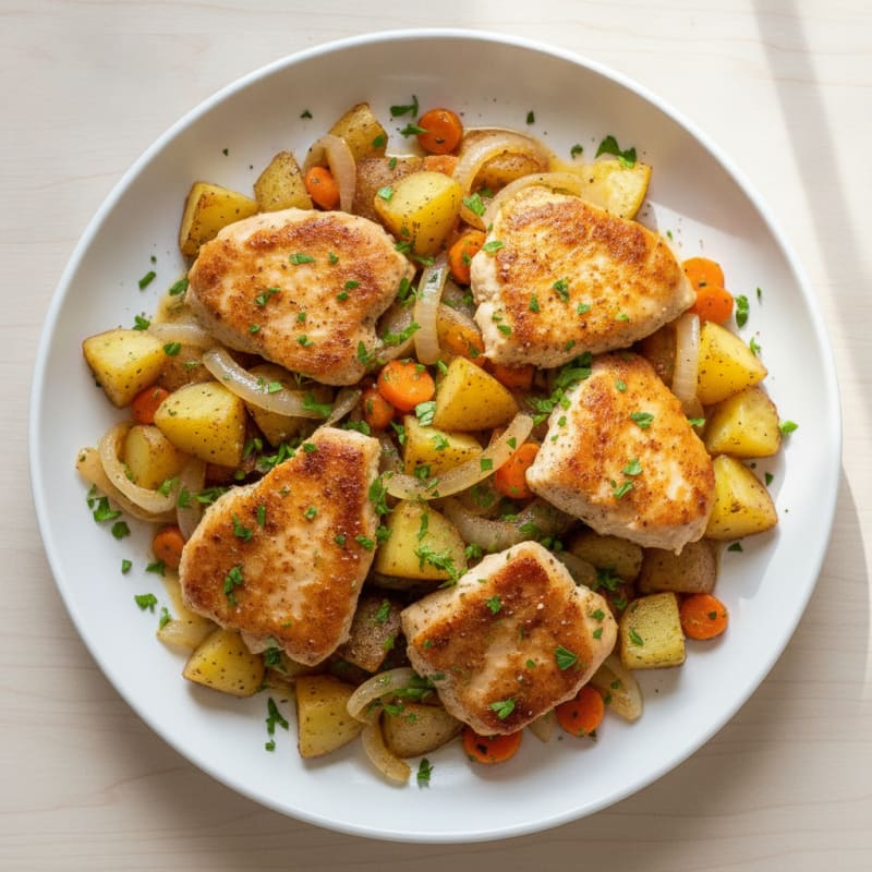 Crispy Chicken and Potato Hash with Sautéed Onions