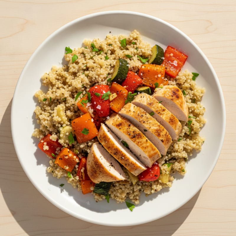 Fluffy Quinoa with Roasted Vegetables and Chicken