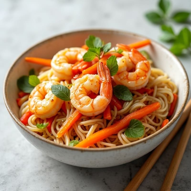 Shrimp with Tangy Peanut Rice Noodles and Fresh Vegetables