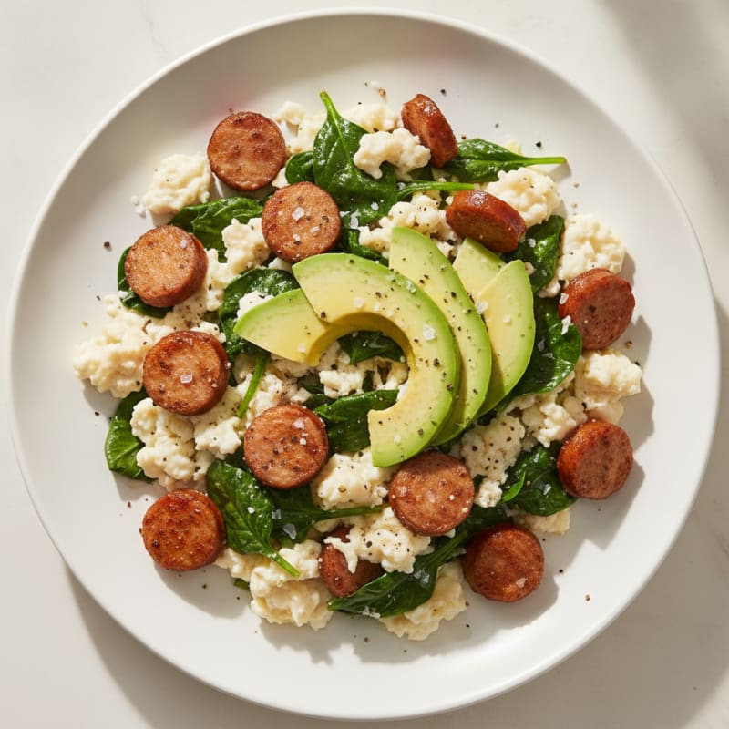 Egg White Scramble with Turkey Sausage and Sautéed Spinach
