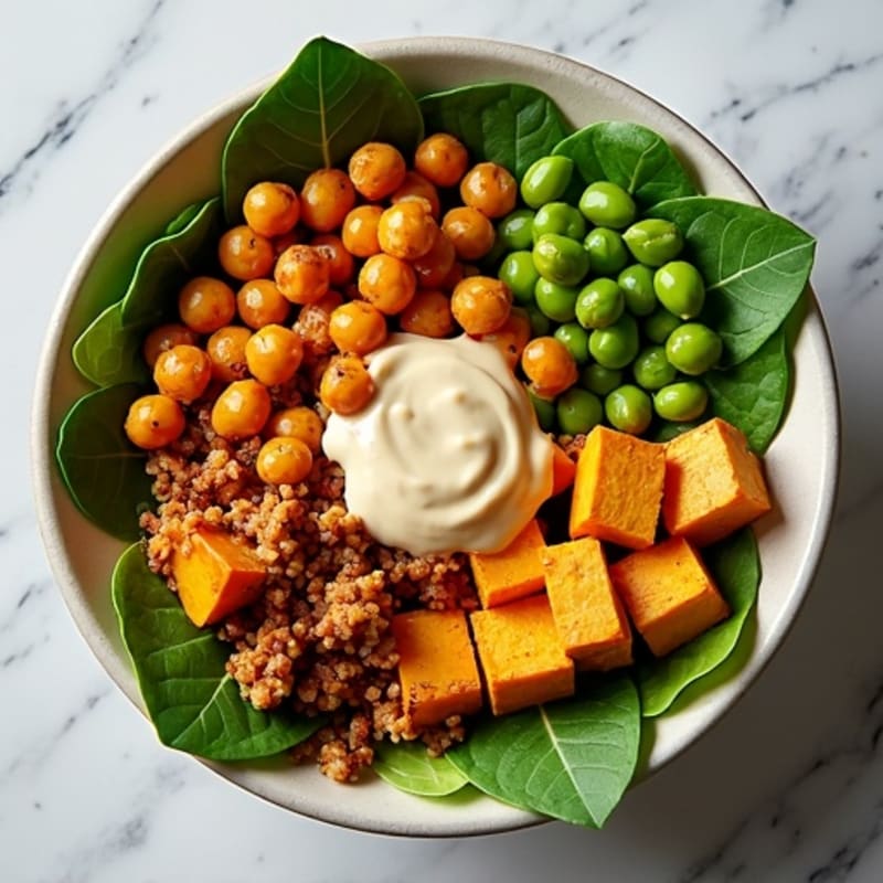 Crispy Roasted Chickpea and Sweet Potato Buddha Bowl with Creamy Tahini