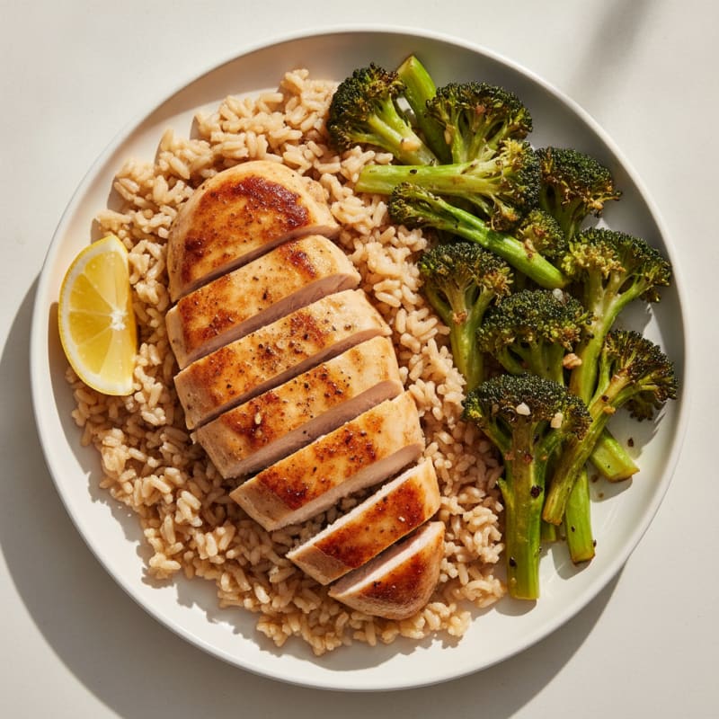 Seared Chicken Breast with Roasted Broccoli and Brown Rice